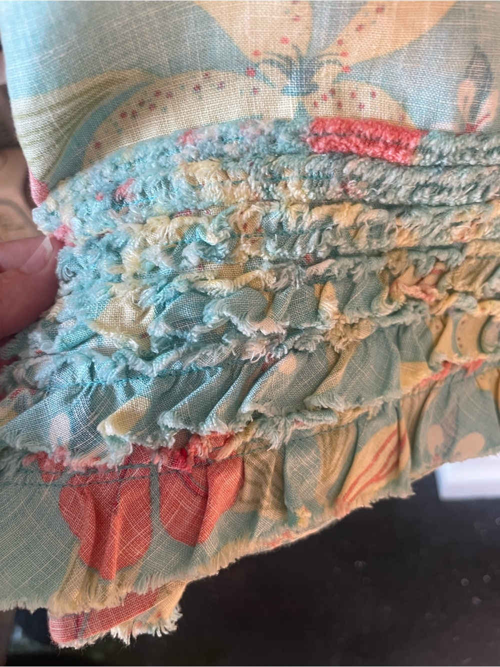 Tommy Bahama Linen Skirt with Ruffle hem. Aqua Floral with Coral Flowers. - Picture 4 of 5